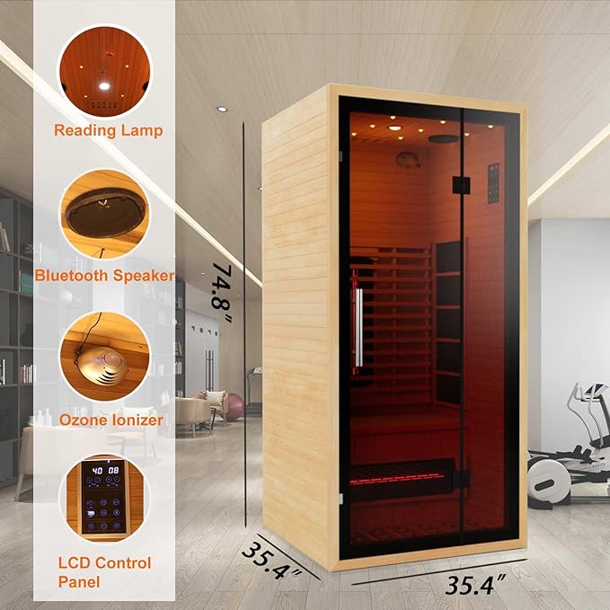 Smartmak Full Spectrum Far Infrared Sauna, 1 Person Indoor Canadian Hemlock, Upgraded WiFi Home Spa Sauna, Low EMF, Speakers, Oxygen Bar, Reading & 7-Color Starlight (1350W,110V US Plug)
