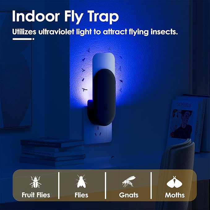 Flying Insect Trap, 2 in 1 Indoor Plug-in Fruit Fly Trap, 4 Trap Black and 24 Glue Cards, Fruit Fly Traps for Gnat, Moth, Mosquito, Suitable for Every Part of The Home