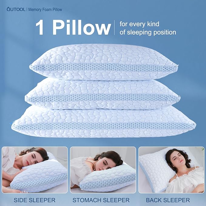 QUTOOL Enhanced Cooling Pillows King Size Set of 2, CertiPUR-US Shredded Memory Foam Pillows 2 Pack for Hot Sleeper, Adjustable Bed Pillow for Side, Back, Stomach Sleepers Support Yet Soft, Home Gifts