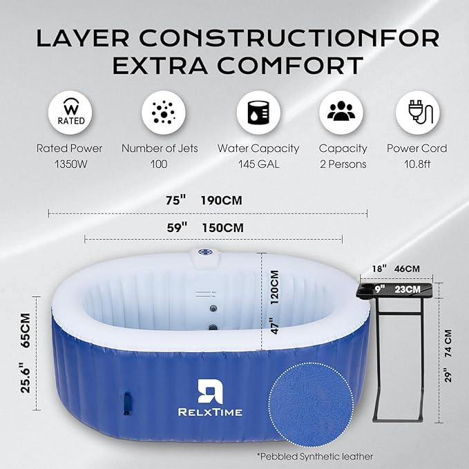 Inflatable 2 Person Hot Tub Outdoor, 100 Air Jets Portable Oval Spa with Built in Heater Pump, Blow Up Hottub for Relaxation, Table Tray, 2 Filters, Blue