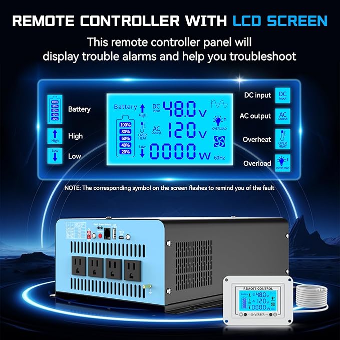New 48V 2500 Watts Pure Sine Wave Inverter, 48V DC to 110V AC Power Inverter with 4 AC Outlets, USB Port, Type-C Port for Truck, Vehicle, Power Outage, Remote Control with LCD Screen
