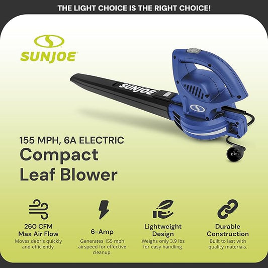 Sun Joe Corded Electric Leaf Blower Machine, 155 MPH, 260 CFM, 6-Amp Motor, Blue - Portable and Lightweight Gardening Equipment for Yard Care and Lawn Maintenance, SBJ597E-SJB