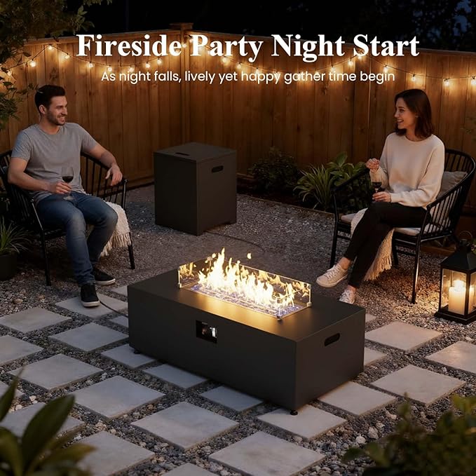 LayinSun 42 Inch Outdoor Fire Pit Table for Outside Patio, 55000BTU Rectangle Propane Firepit with Hidden Fuel Tank, Glass Wind Guard, Waterproof Cover and Lid