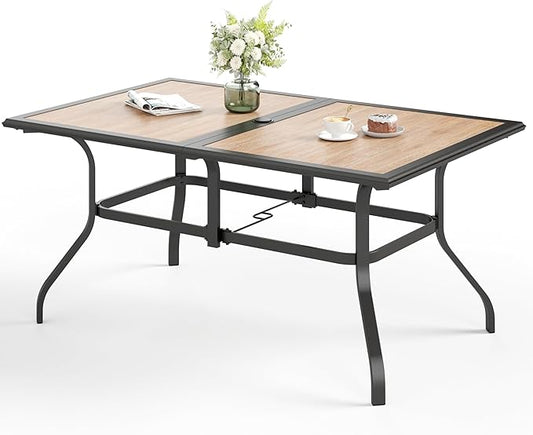 60" Patio Dining Table for 6,Teak Color Rectangle Patio Table with Umbrella Hole,E-Coating and Powder Coating Steel Frame Metal Outdoor Patio Table for Garden Backyard Lawn Yard