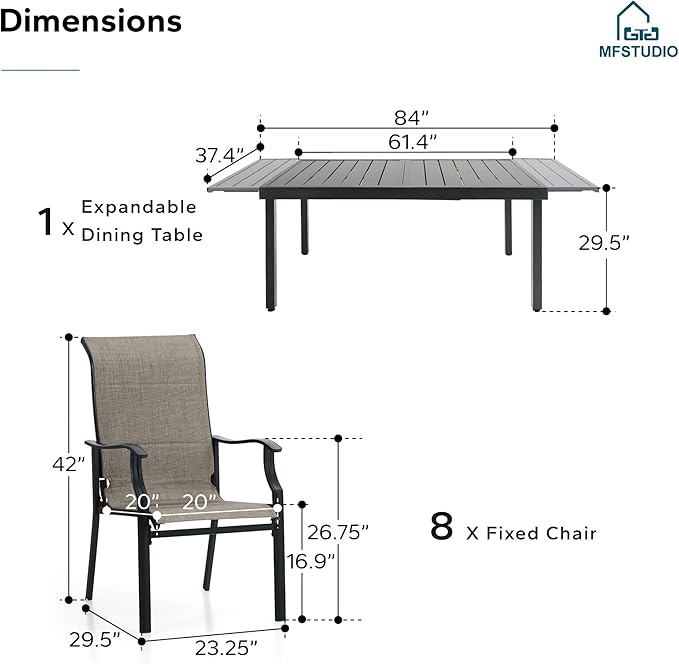 MFSTUDIO 9 PCS Patio Dining Set with 1 Expandable Table and 8 Padded Outdoor Dining Chair, Outdoor Table and Chairs, Patio Dining Set for 8