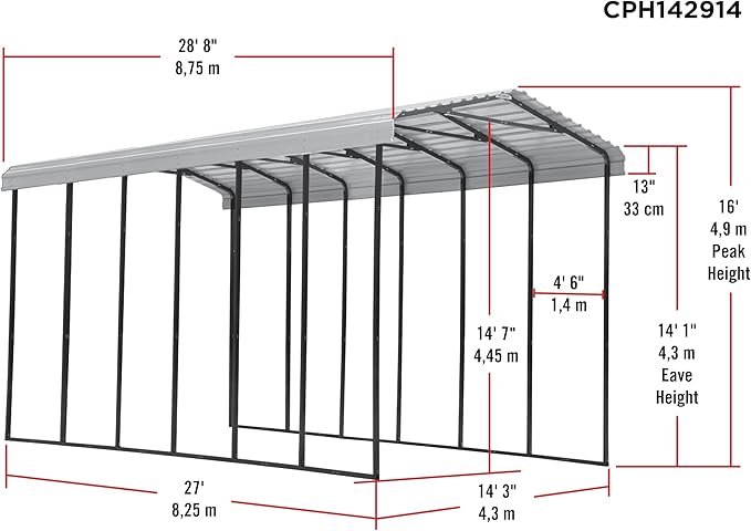 Arrow Carports Galvanized Steel Carport, RV Metal Carport Kit, 14' x 29' x 14', Eggshell