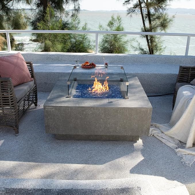 Victoria Concrete Fire Pit 40" x 40" Outdoor Patio Firepit Includes Fire Glass Modern Fire Pits & Outdoor Fireplaces for Garden, Deck, Indoor & Outdoor Heating