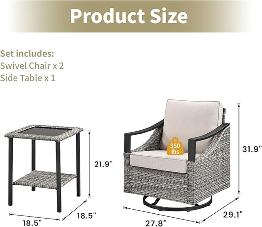 3 Pieces Outdoor Patio Furniture Sets - Wicker Swivel Patio Rocker Chairs Set of 2 with Glass Side Table, High Back Swivel Glider Chair with Deep Seating for Porch Deck Balcony Garden Gray/Beige