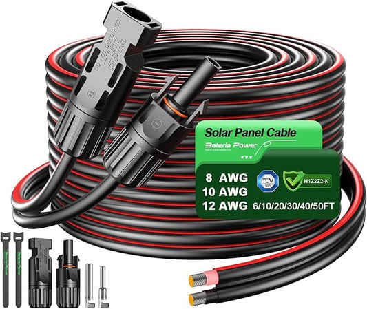 Bateria Power 10 Feet 10AWG Solar Panel Extension Cable, 6mm² Twin Wire Conductor Parallel Solar Wire Adapter Kit with Waterproof Female & Male Solar Connectors for RV, Marine, Photovoltaic Systems