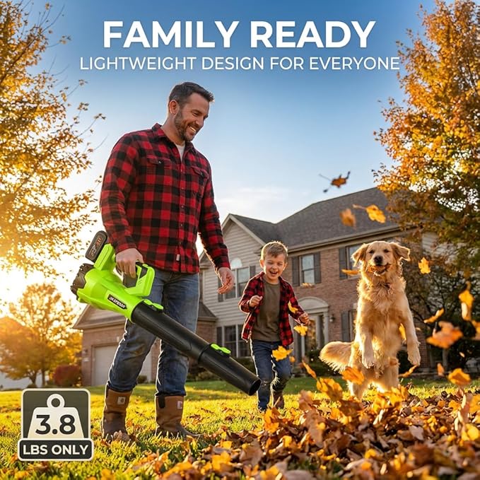 JH Steady 21V Cordless Leaf Blower - 3500W 350m/s, Stepless Variable Speed, Extended Nozzle, Rechargeable with Safety Gear (Green:1*Battery + Charger)
