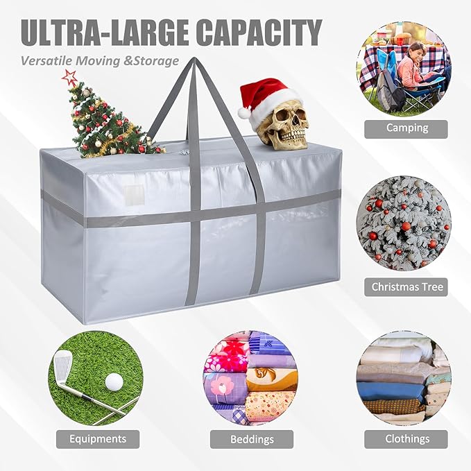 Windyun 4 Pack 168 Gallon Extra Large Storage Bags XXL Moving Bags with Zipper Handles Heavy Duty Jumbo Big Tote Box for Christmas Tree Storage 4, 5, 7.5, 9, 10, 12 ft Skeleton College Dorm(Silver)