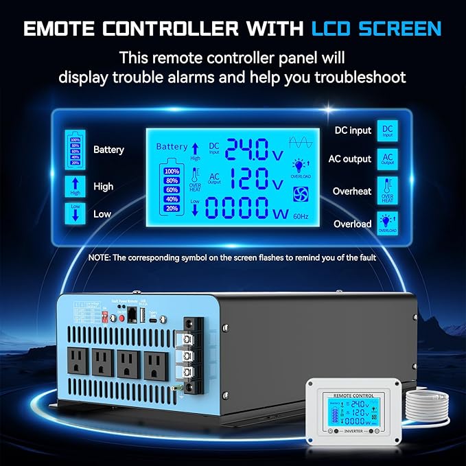 New 24V 4000 Watts Pure Sine Wave Inverter, 24V DC to 110V AC Power Inverter with 4 AC Outlets, USB Port, Type-C Port for Truck, Vehicle, Power Outage, Remote Control with LCD Screen