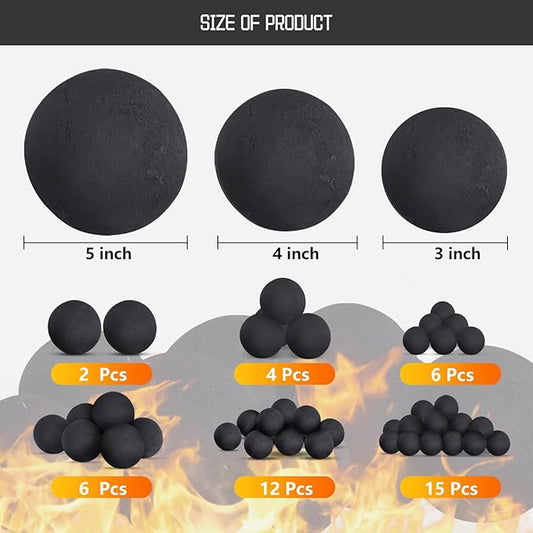 Ceramic Fire Balls for Fire Pit, Set of 6 Round Fire Stones Reusable Fireplace Balls for Gas Fireplace or Indoor and Outdoor Fire Pits Accessory,Decorative Balls 5 Inch fire Pit Balls,Black