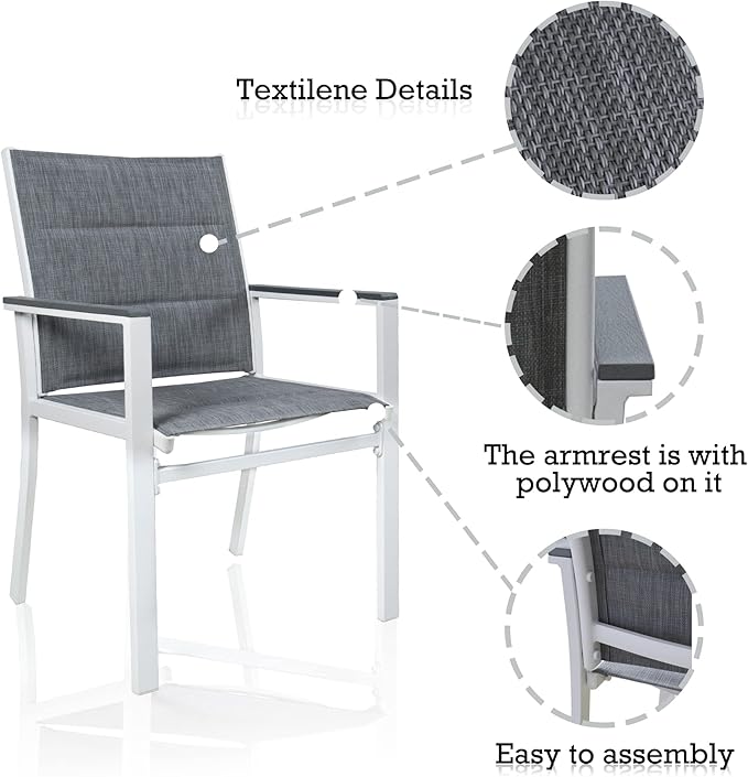 Kozyard Villa Outdoor Aluminum Patio Dining Chair (White Frame, Gray Paded Textilence, Pack of 2)