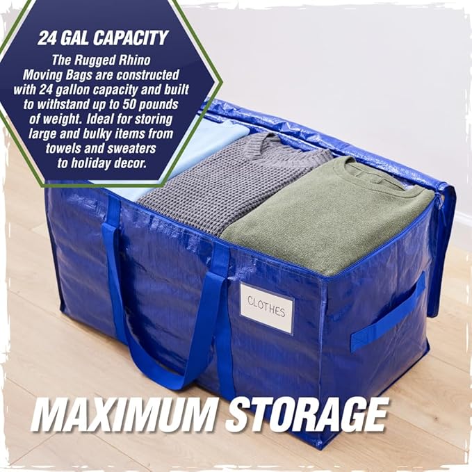 RUGGED RHINO 8 Pack Heavy Duty Extra Large Blue Moving Bags, Durable Bag with Strong Handles and Zipper, Moving Boxes Alternative for College Packing, Holiday Décor, Space Saving Storage with Label