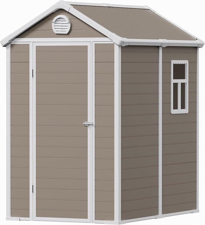 6x4.5 FT Plastic Sheds & Outdoor Storage, UV Resistant Storage Sheds Outdoor with Floor and Window, All-Weather Garden Resin Tool Shed for Lawn Mower, Yard Tools, Bike, Warm Gray