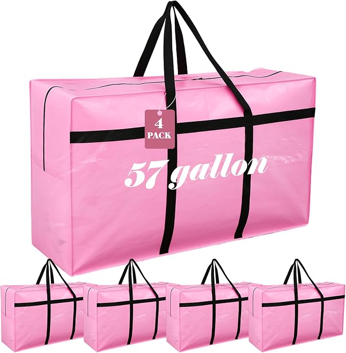 Windyun 4 Pack 57 Gallon Extra Large Storage Bags XXL Moving Bags with Zipper Handles Heavy Duty Jumbo Big Tote Box for Christmas Tree Storage 4, 5, 7.5, 9, 10, 12 ft Skeleton College Dorm(Pink)