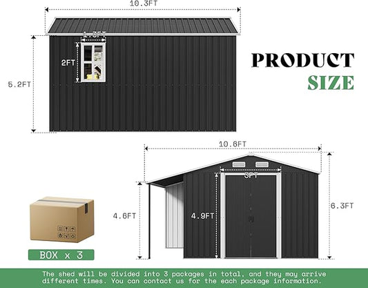 Jocisland Outdoor Storage Shed 10.6x10.3x6.3 FT, Rolling Door Shed with Dual 4-Pane Windows for Wood Storage, Dark Grey/White