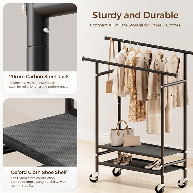 Double Rods Clothes Racks , Rolling Clothing Rack for Hanging Clothes with Wheels & Shelves，Portable Garment Coat Wardrobe Rack for Bedroom,Laundry living Room ,16.93″ L × 39.37″ W × 63.78″ H,Black