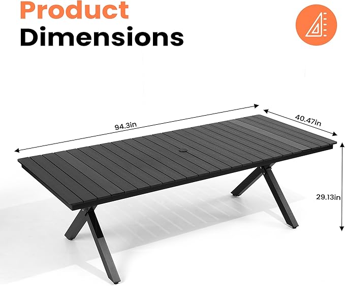 Pellebant 94" Outdoor Dining Table for 6-8, Aluminum Patio Dining Table with Umbrella Hole, Waterproof Wood-Like Tabletop for Lawn Garden Backyard, Black