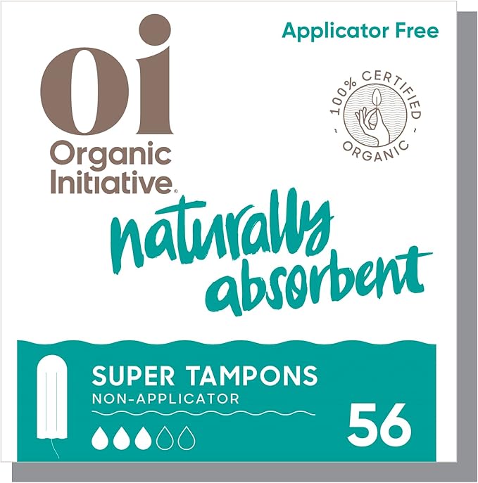 Oi | Organic Initiative - 100% Certified Organic Cotton Non-Applicator Tampons | Ultra-Absorbent, Unscented, Natural, Non-Toxic, Applicator Free | Super | 56 Tampons