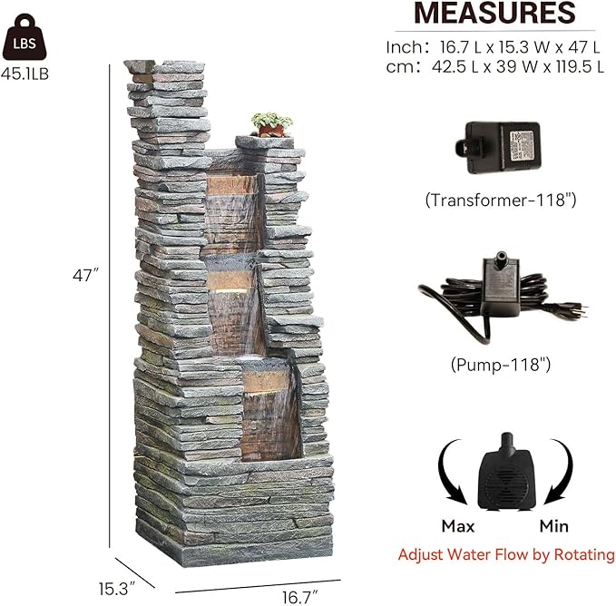 Bumilgar 47" H Garden Water Fountain Outdoor with LED Lights & Pump, 3-Tier Cascading Outdoor Fountain for Garden,Patio,Porch,Backyard,Home Art Decor (Gray)