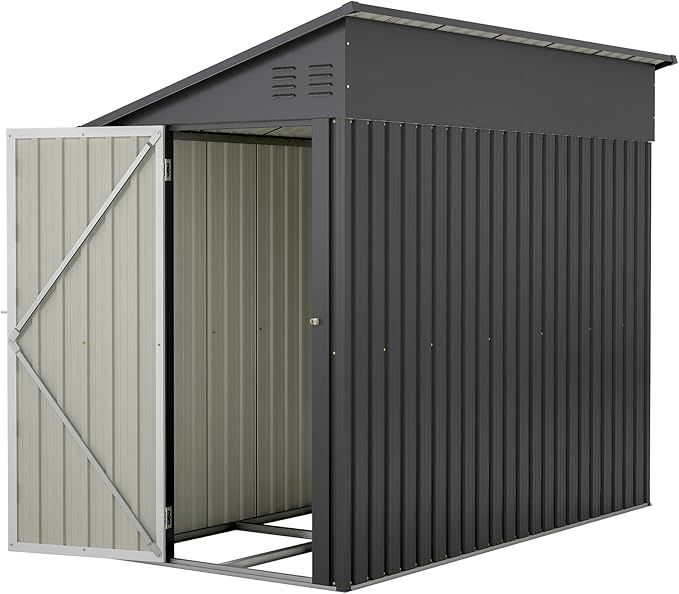 4×8 FT Lean to Metal Shed,Outdoor Heavy-Duty Storage Shed with Floor Base,All Weather Waterproof Garden Tool House W/Lockable Door&2 Air Vent,Reversible Door Design,for Backyard,Patio,Lawn,Black