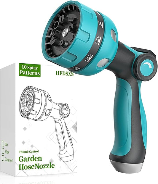 Garden Hose Nozzle, Heavy Duty Water Hose High Pressure Sprayer with 10 Watering Patterns, Thumb Control On Off Valve, for Watering outdoor Plants & Lawn, Car & Pet Washing（Blue）