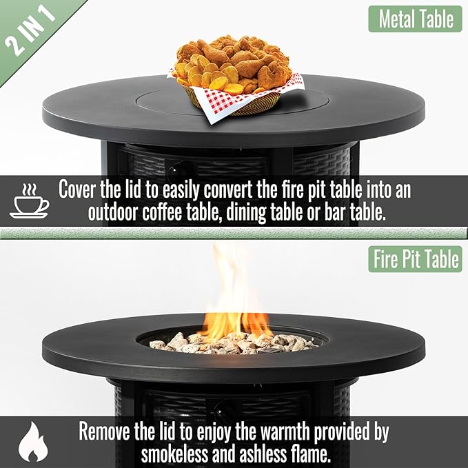 Propane Fire Pit Table, 32” Firepits for Outside, Round Gas Fire Pit for Outside Patio, Propane Fire Table with Steel Lid, Rocks for Patio, 50000BTU, Tank Inside, Tank Not Included, Black