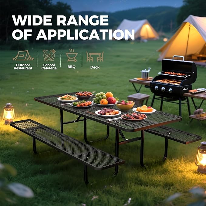 KUFUH 72" Coated Round Metal Picnic Table for 4-6 Person, Durable Heavy Duty Commercial Picnic Table with Umbrella Hole for Outdoor Coffee Shop, School, Easy to Install, Black