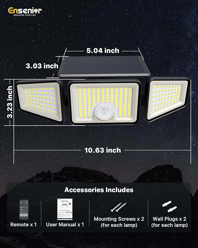 Ensenior Motion Sensor Outdoor Lights, 220 LED IP65 Waterproof Solar Security Light with Remote Control, 3 Heads Solar Flood Light Outdoor with 4 Modes, 270° Wide Angle Motion Light for Outside -3Pack
