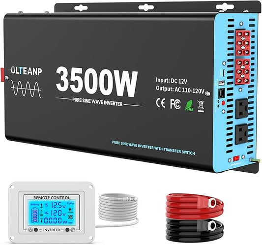 3500W Pure Sine Wave Inverter with Transfer Switch, 12V DC to 120V AC Converter with 2AC Outlets, USB Port, Type-C Port, Remote Controller, Power Inverter for RV, Outdoor, Auto Swtich to Shore Power