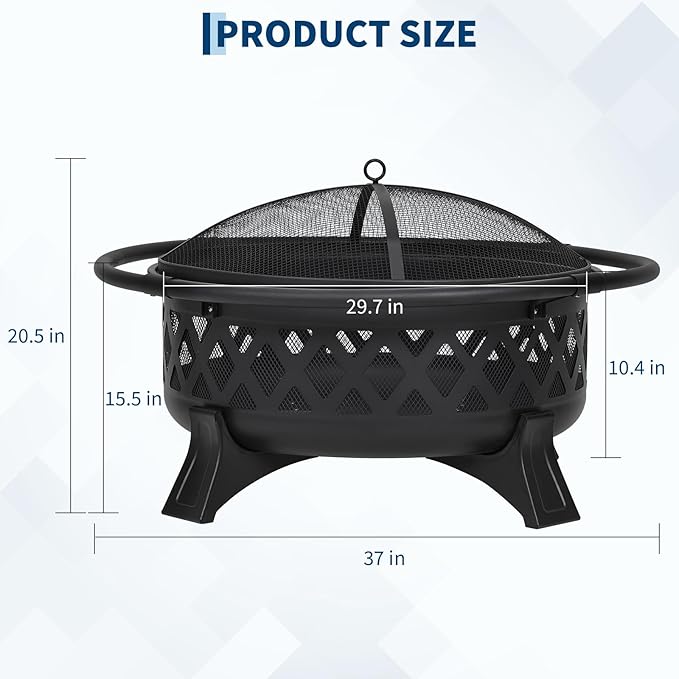 36-Inch Outdoor Wood Burning Fire Pit with Lid & Spark Screen, Heavy Duty Steel, BBQ Grill Grate, Poker, for Backyard, Patio, Campfire