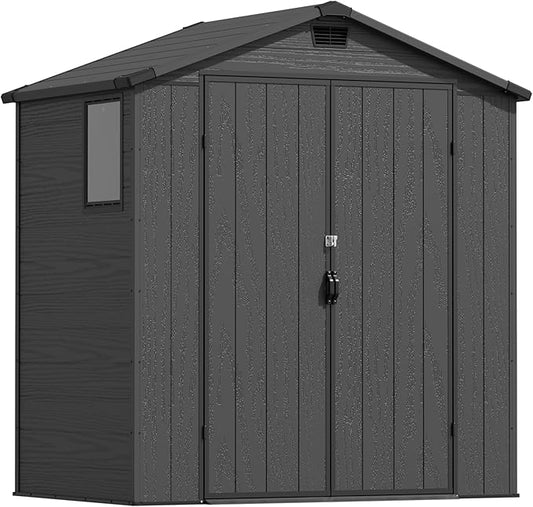 Devoko 6x4 FT Plastic Outdoor Storage Shed - Lockable Resin Tool Shed with Window & Floor - Easy Assembly for Garden, Backyard, Dark Gray