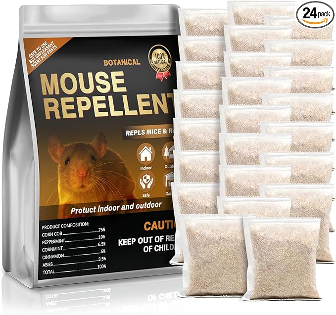 Mouse Repellent Pouches,24 Pack Natural Rodent Repellent for Indoor Use - Keeping Mice Out of Home, Car, Garage & Attic, Safe for Humans and Pets