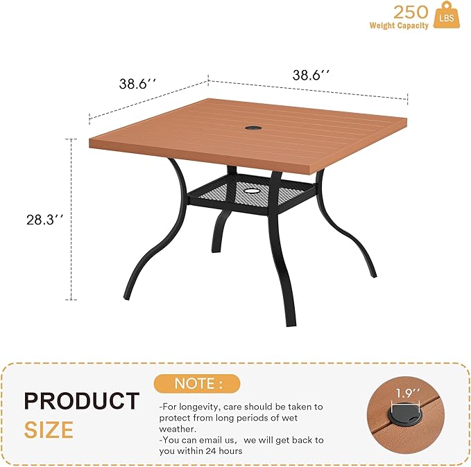 VICLLAX Square Outdoor Patio Table, All Weather Wood Grain Outdoor Dining Furniture, 38.6"x 38.6" Walnut Plastice Tabletop