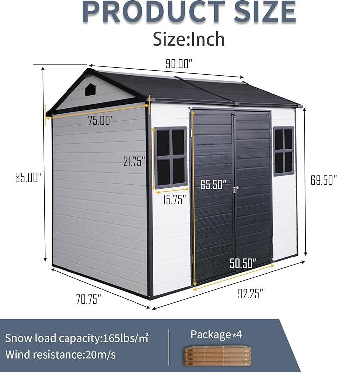 8x6 ft Outdoor Resin Storage Shed with Floor, Waterproof Plastic Garden Shed with Lockable Door and Two Windows, All-Weather Tool Sheds for Backyard, Patio, Lawn (Grey & White)