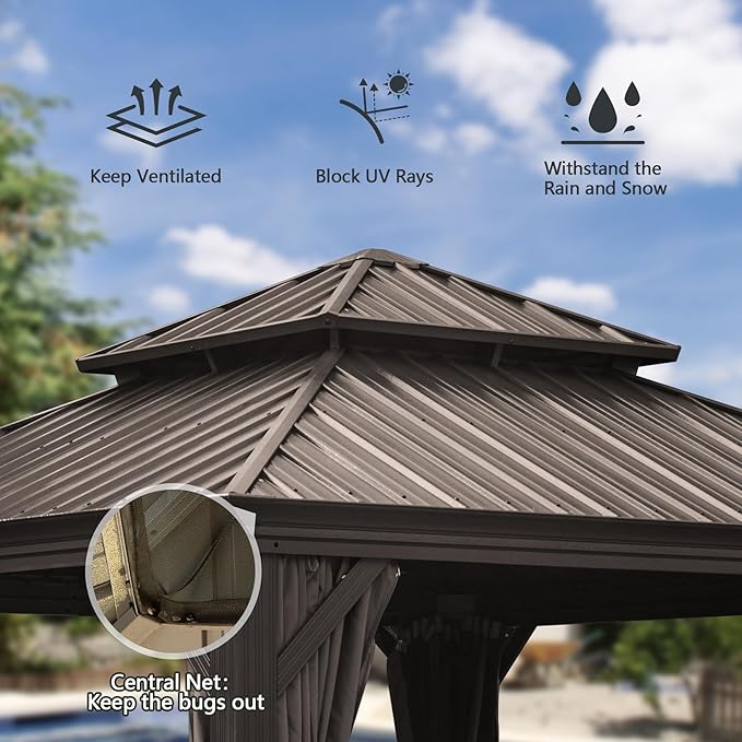Domi 12x12FT Outdoor Gazebo, Hardtop Gazebo with Galvanized Steel Double Roof, Metal Gazebos with Drainage System Patio Pergola for Patio Deck Backyard,Curtain and Netting,Brown