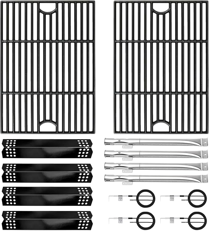 CANDANA Replacement Parts for Nexgrill 4 Burner 720-0830H 720-0830D 720-0783C 720-0783E 720-0958A, 17" Cast Iron Grill Grate, Grill Burner, Heat Plate, Igniters for 5 Burner 720-0888N