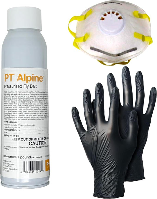 DIY Pest Control PPE Kit and PT Alpine Pressurized Fly Bait - Fast-Acting Fly Control Spray for Indoor & Outdoor Use, 16 oz Can, Long-Lasting, Odorless, Easy Application