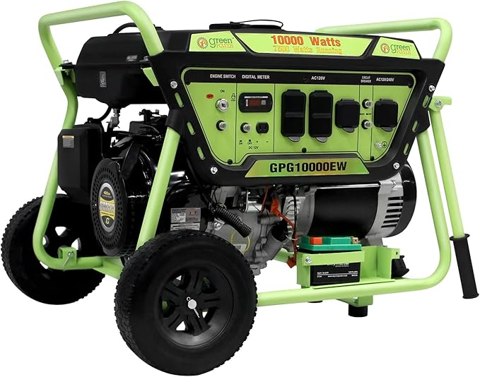 Green-Power America Gasoline Powered Portable Generator 10000 Watt, Recoil/Electric Start, 12V-8.3A Charging Outlets, Home Back Up & RV Ready, 49 State Approved（Excluding California）