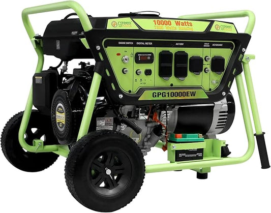 Green-Power America Gasoline Powered Portable Generator 10000 Watt, Recoil/Electric Start, 12V-8.3A Charging Outlets, Home Back Up & RV Ready, 49 State Approved（Excluding California）