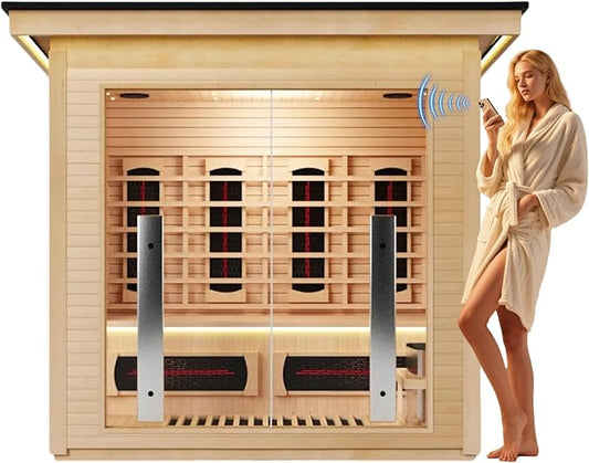 3-Person Far Infrared & Steam Dual-System Sauna Room, Outdoor Canadian Hemlock Wood Sauna, WiFi Control, Red Light Therapy, 11 Heaters & 4.5KW Harvia Stove, Left Door, 220-240V