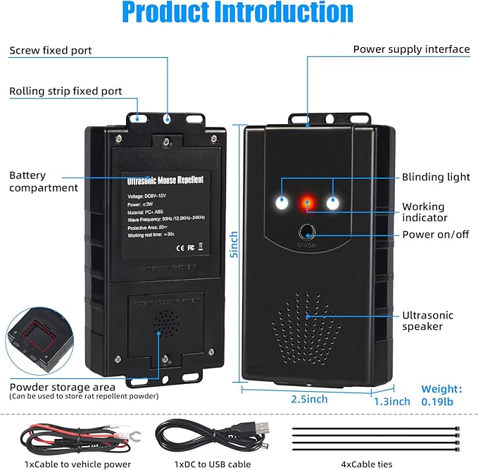 Rodent Repellent for Car Engine,Ultrasonic Mouse Repellent Car Rodent Repeller Under Hood Battery Operated Rat Deterrent with Flashing Lights,Keep Squirrels Rats Mice Out of Attic Outdoors Indoors