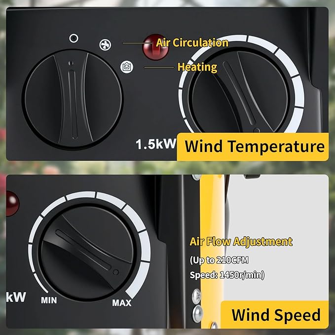 Greenhouse Heater with Digital Thermostat, 1500W Electric Outdoor Heater, Overheat Protection, Fast Heating, Waterproof for Grow Tent, Green House, Patio, Yellow