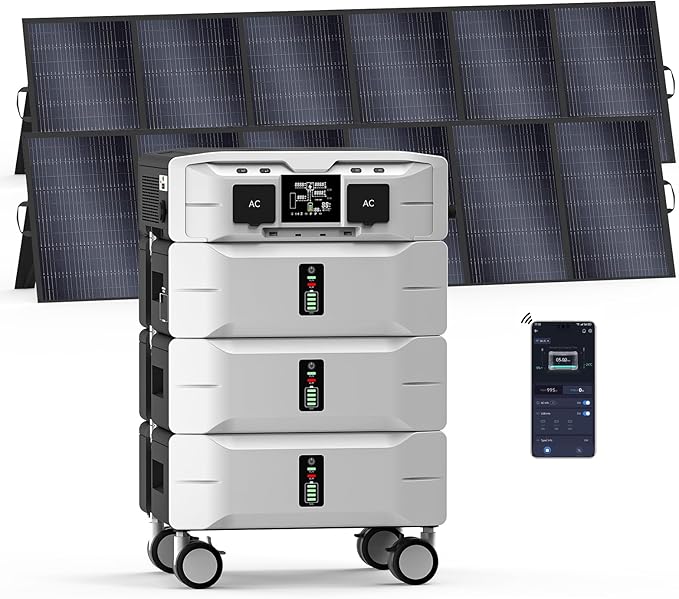 IEE 7680Wh Power Station SP5000:(1x Inverter + 3 x Batteries) with 2X500W Solar Panels, 120/240V 5000W(Surge 9000W) AC Output, 3500W/240V Fast AC Charging Solar Generator for Home Battery Backup