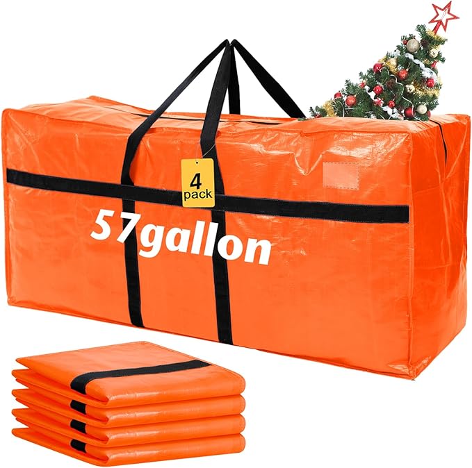 Windyun 4 Pack 57 Gallon Extra Large Storage Bags XXL Moving Bags with Zipper Handles Heavy Duty Jumbo Big Tote Box for Christmas Tree Storage 4, 5, 7.5, 9, 10, 12 ft Skeleton College Dorm(Orange)