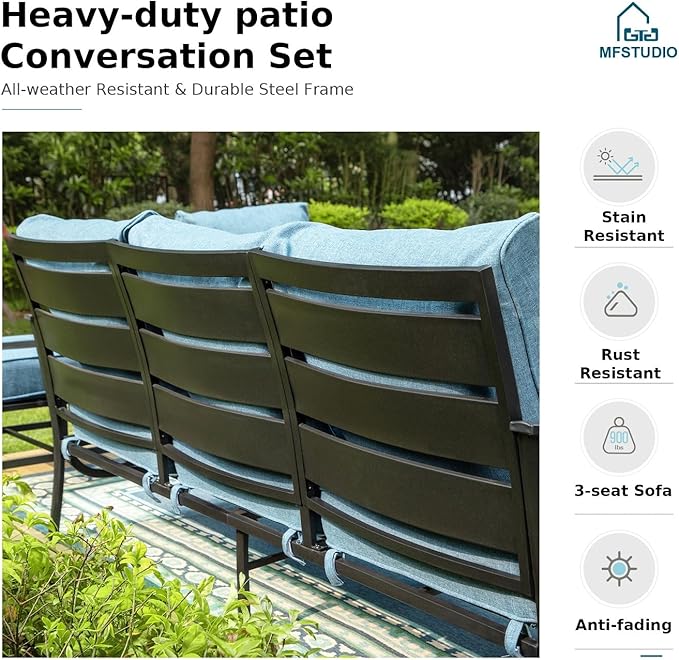 MFSTUDIO 7 Pieces Metal Patio Furniture Sets, 2 Swivel Chairs, 3-Seat Deep Seating Sofa, 2 Single Couch and 2 Ottoman, All Weather 9 Seats Outdoor Conversation Set for Garden Backyard, Navy Cushion