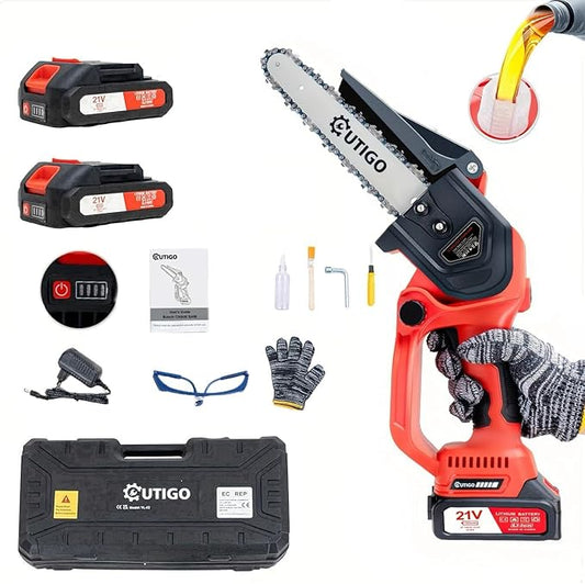 Mini Chainsaw with Battery, 8 inch Electric Chainsaw with 2 * 21V Batteries, with Safety Lock and Strong Motor for Tree Trimming, 800 W
