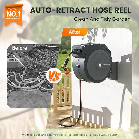 Giraffe Tools Retractable Garden Hose Reel 1/2 Inch x 100 ft, Super Heavy Duty, Any Length Lock, Slow Return System, Wall Mounted and 180 Deg Swivel Metal Bracket